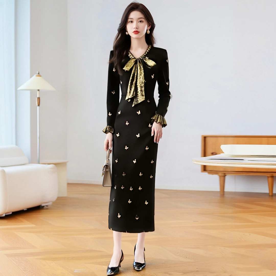 秋季气质修身包臀长款洋气连衣裙长袖长裙显瘦秋冬黑色