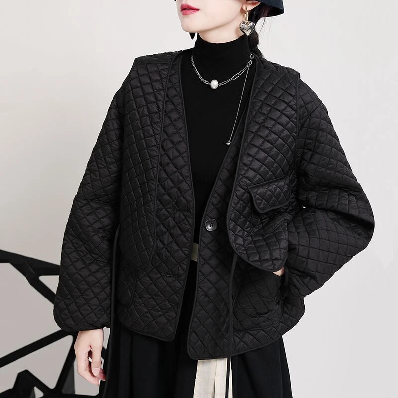 棉服女2025新款宽松菱格棉服外套 设计感棉衣外套宽松型菱格设计