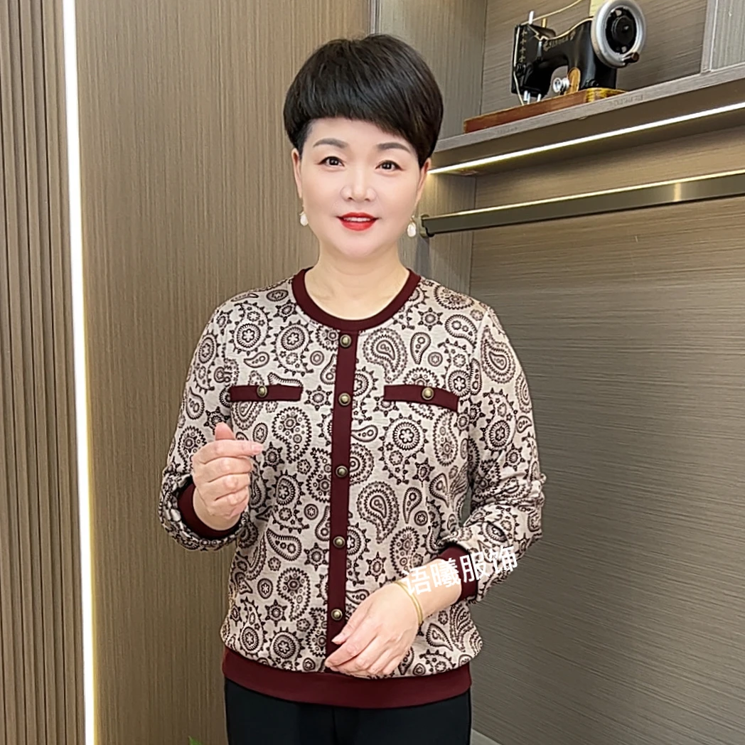 极简风圆领中老年女装休闲时尚女装宽松型印花加绒长袖小衫F9962