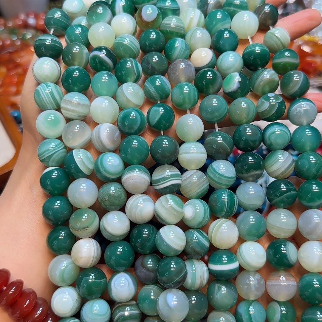 玛瑙/玉髓未镶嵌珠宝半成品14mm绿玛瑙线条一条