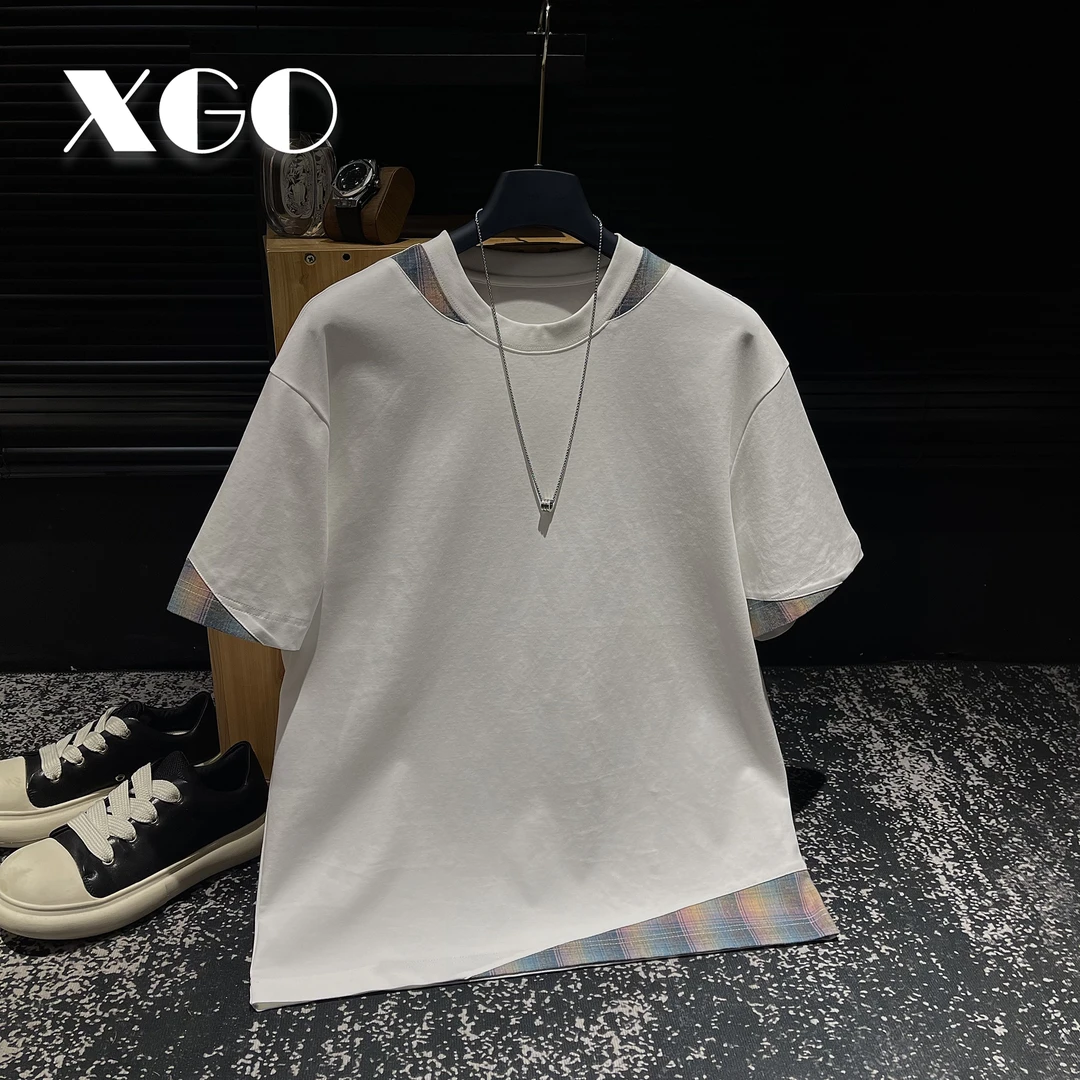 【季末5折】夏季原创重磅轻奢休闲假两件撞色拼接设计高级感圆领短