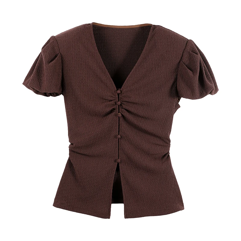 Jiumi陈啾啾新款V领设计褶皱修身收腰上衣HBZC641024 nnassa