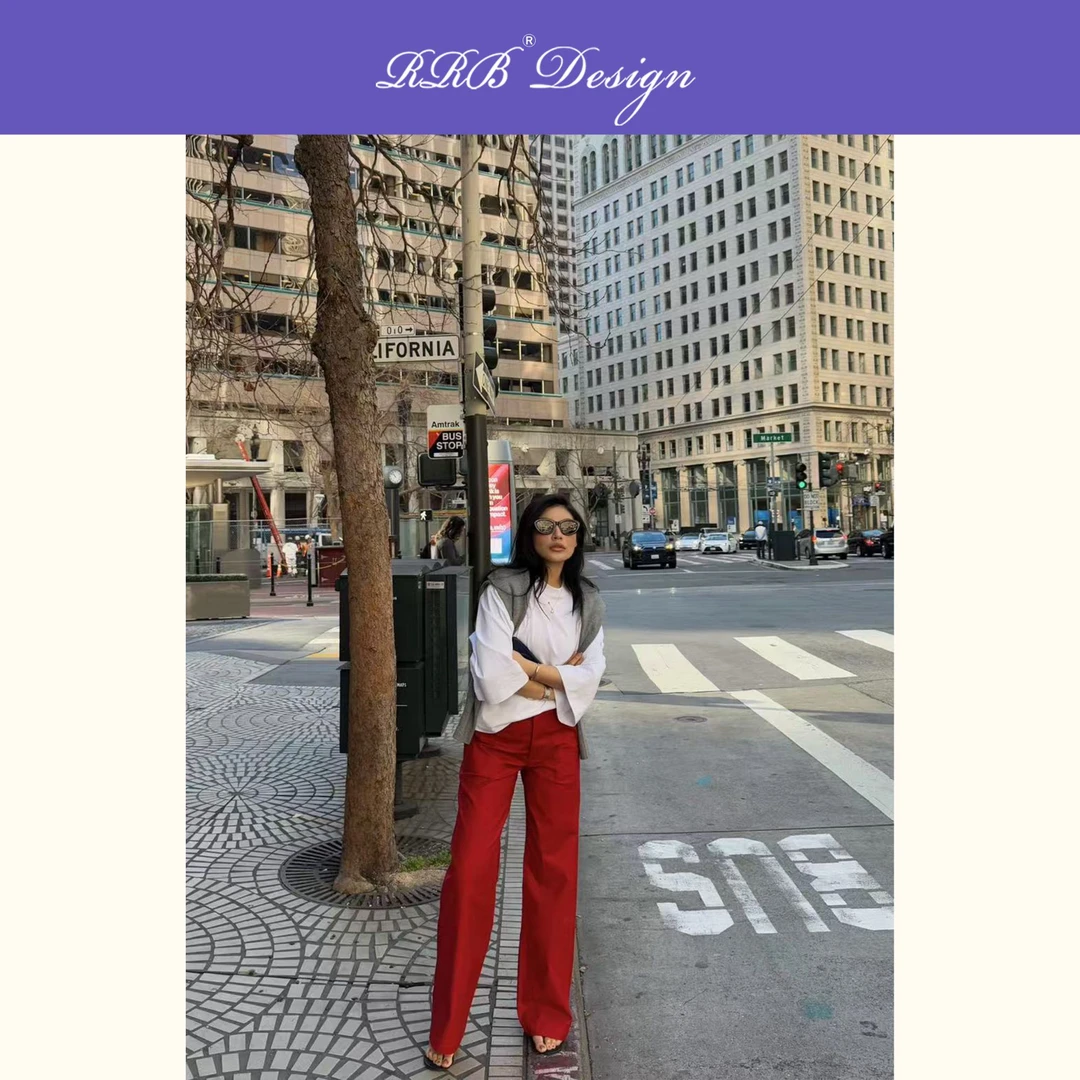 RRB Design「国宝茶红」100%棉定染红高腰直筒廓形显瘦红色直筒裤