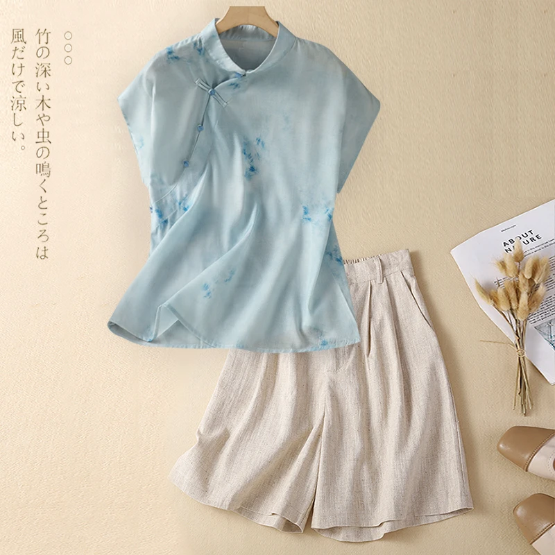 新中式国风套装女士夏装2025新款洋气高端减龄苎麻亚麻短裤两件套