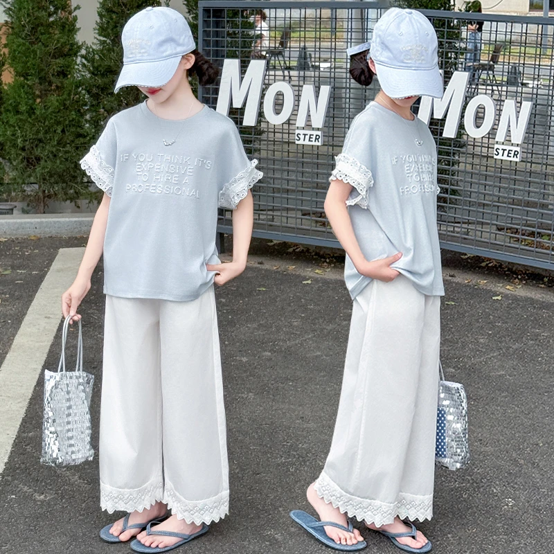 中大女童夏季套装洋气新款6-12岁儿童薄款宽松花边短袖阔腿裤夏装