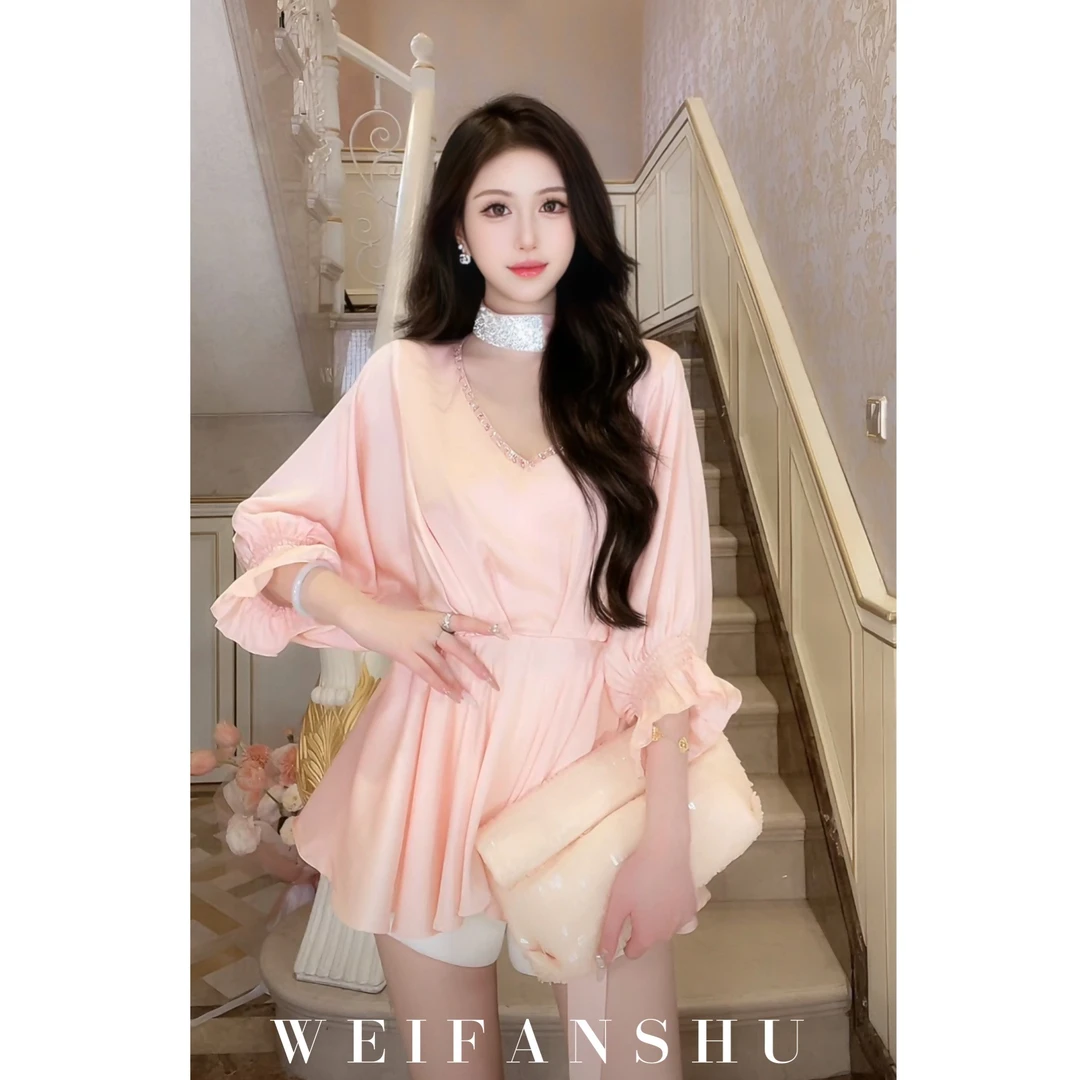 WEIFANSHU/魏凡舒【华丽女主】V领百搭时尚高级气质收腰显瘦上衣