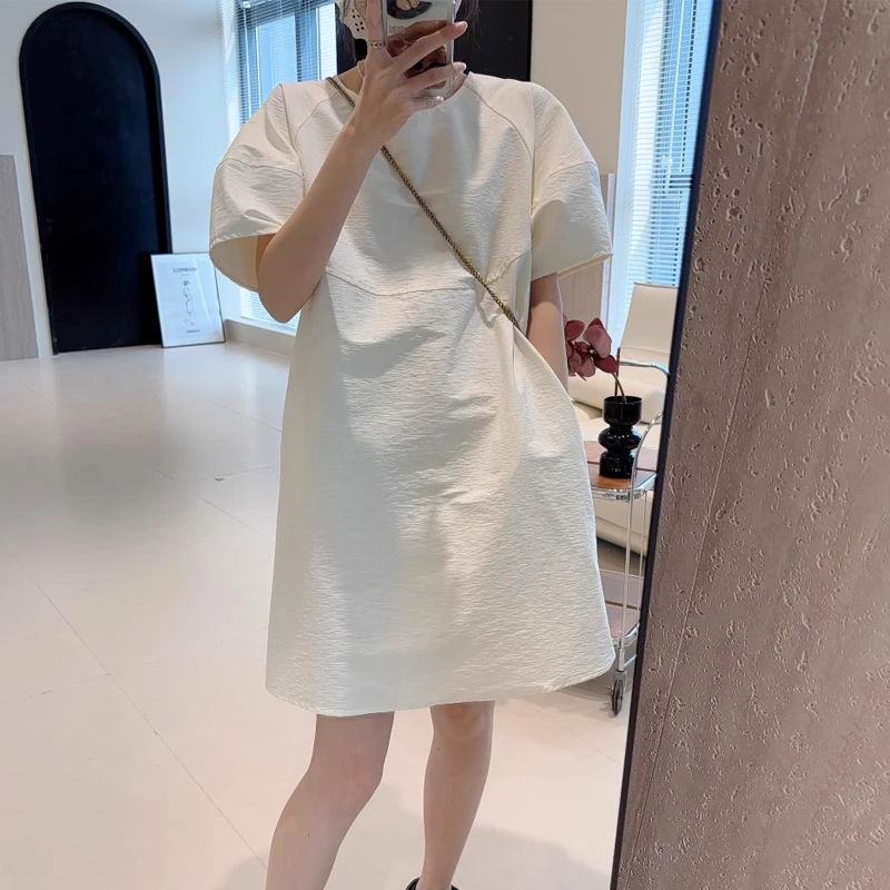 2025高级感夏季韩系简约直筒连衣裙大码宽松纯色休闲时尚洋气裙子