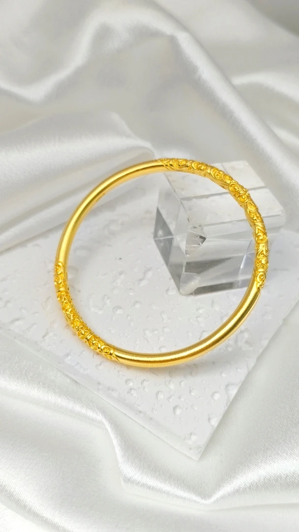 足银手镯 中国风原创设计通用圈口女金色卷草纹镯子时尚首饰实心