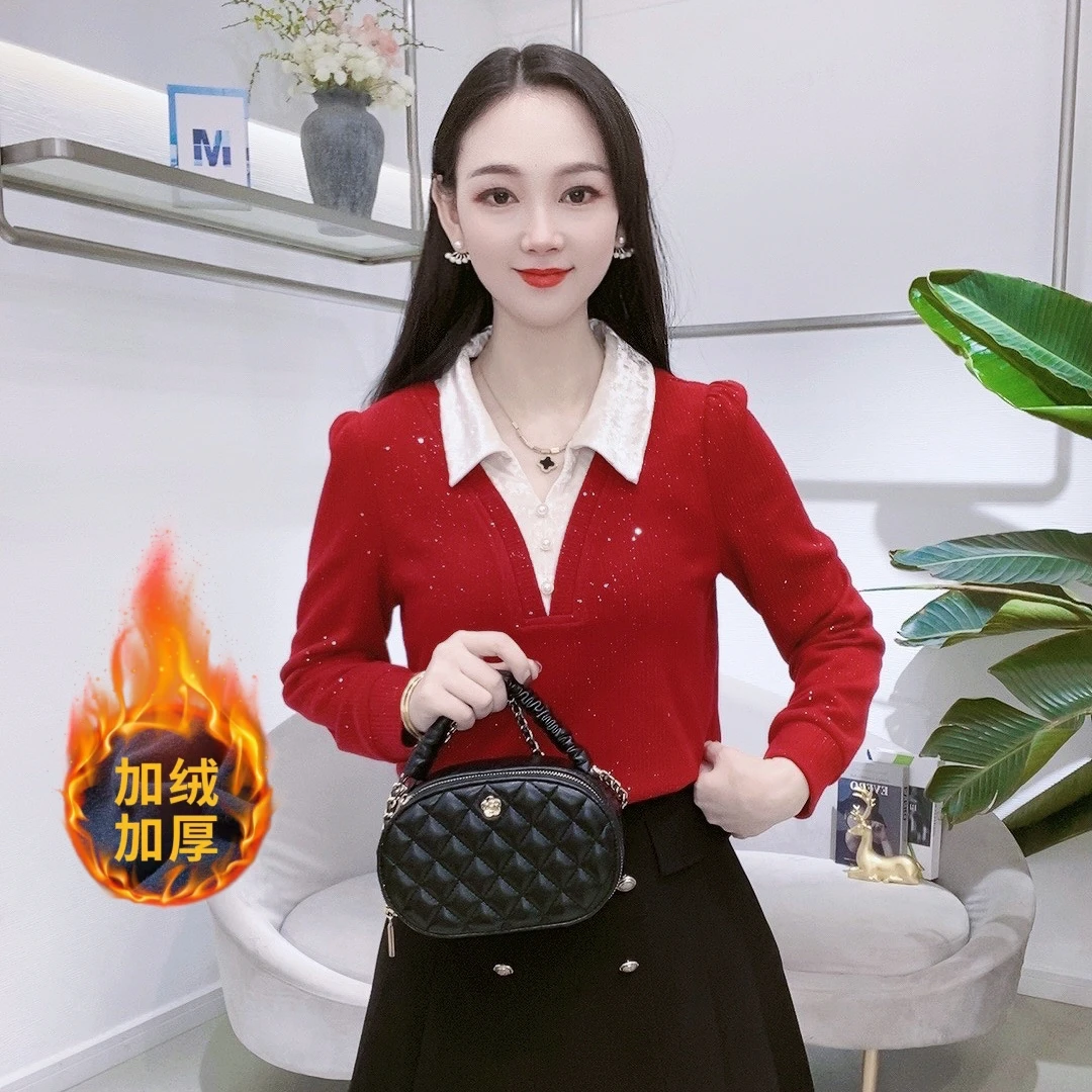 A7878法式长袖打底衫女冬季新款加绒洋气显瘦加绒上衣