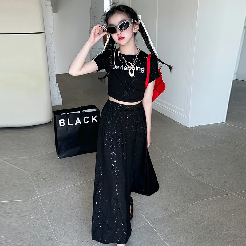 【酷哒仔】女童撒银短袖T恤半身裙子两件套装2025夏季中大童千金风