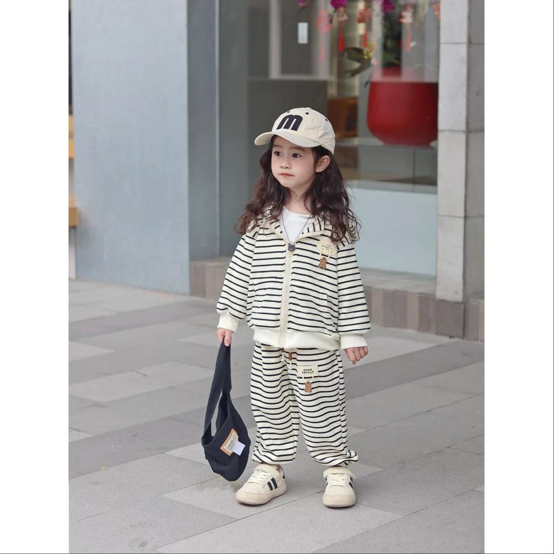 【沫沫家】儿童套装童装网红休闲连帽时髦男童女童秋季条纹时尚洋气