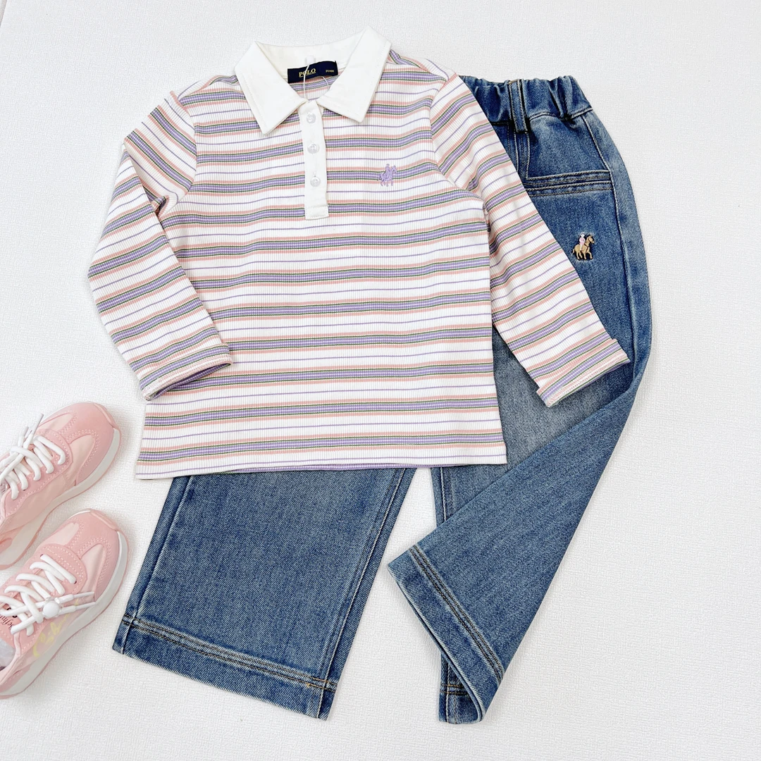 秋季新款中大童长袖T恤衫，中性Polo领条纹长袖简约时尚韩系百搭