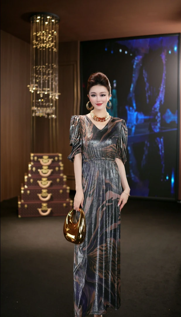 (娴儿)-气质高贵轻奢长款法式设计师连衣裙D085