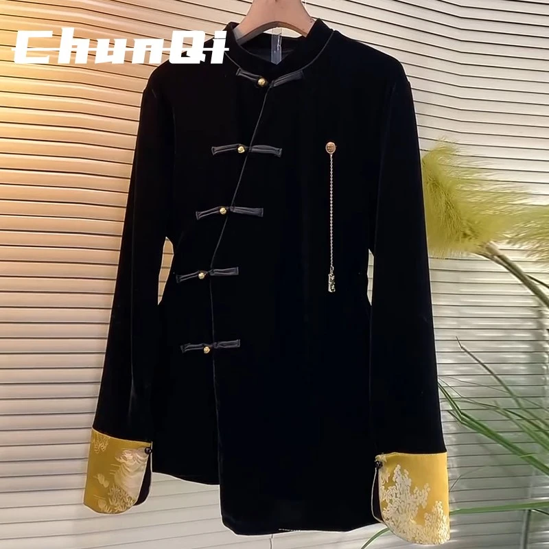 淳启加肥大码女装立领盘扣拼接袖口小衫胖妹妹黑色气质覆古风上衣