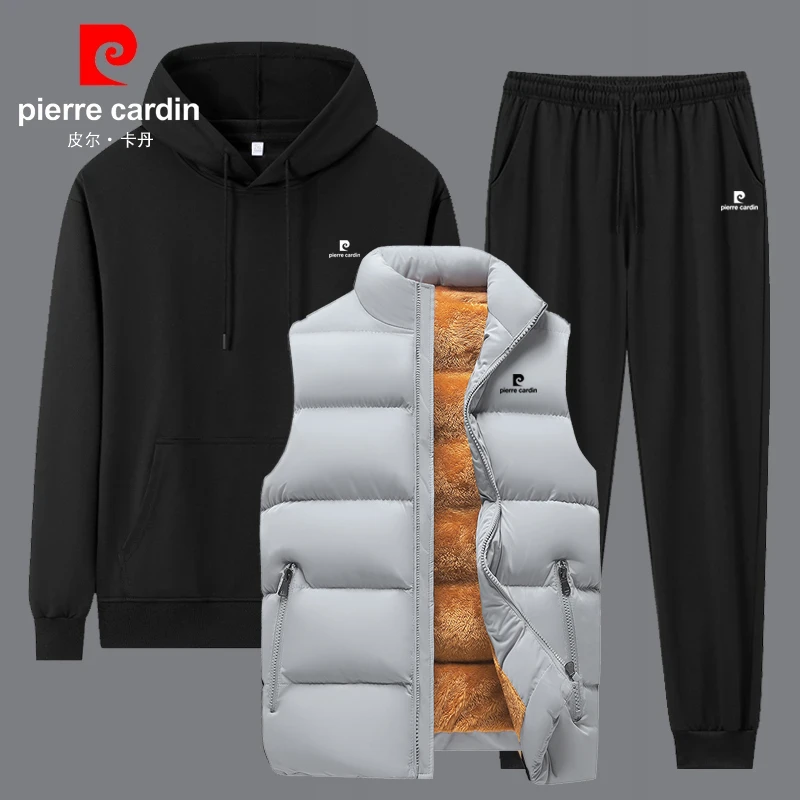 皮尔卡丹男士休闲运动三件套新款羊羔绒马甲卫衣长裤加厚套装男