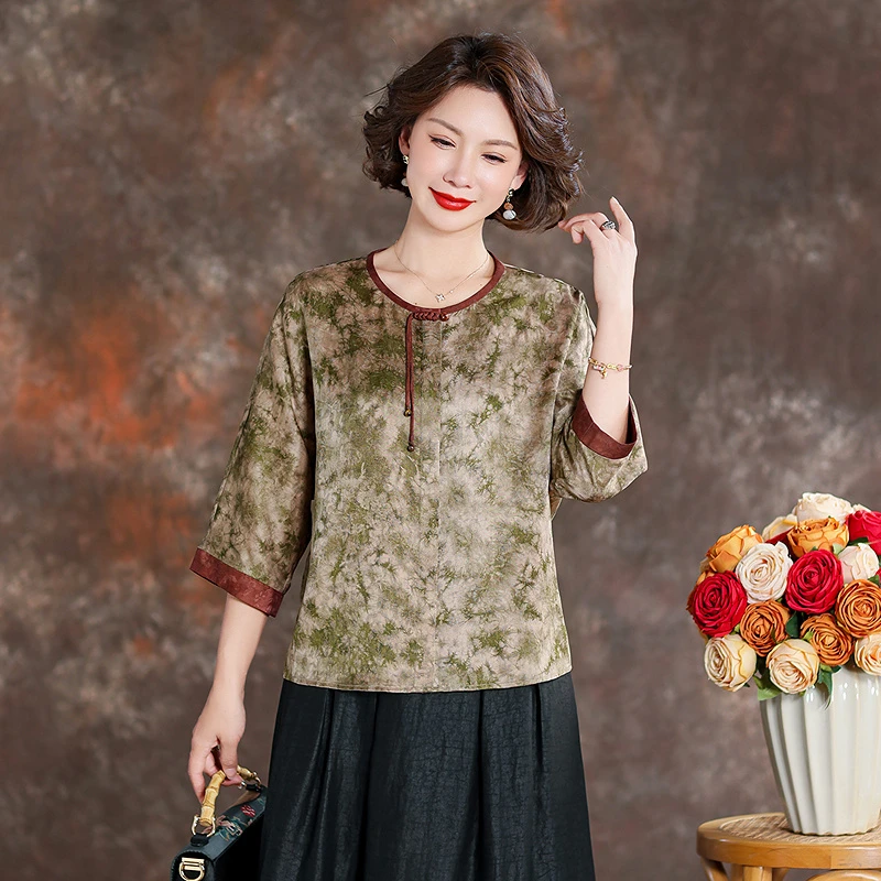 齐黛品牌女士香云纱上衣2025新款五分袖修身显瘦洋气减龄真丝衬衫