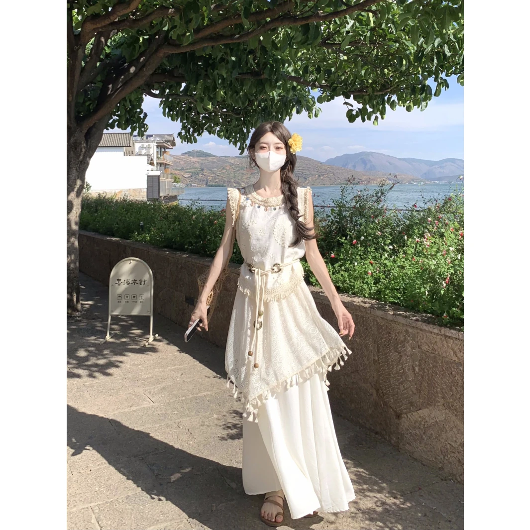 2025夏新款波西米亚不规则流苏复古马甲上衣女度假风半身裙套装