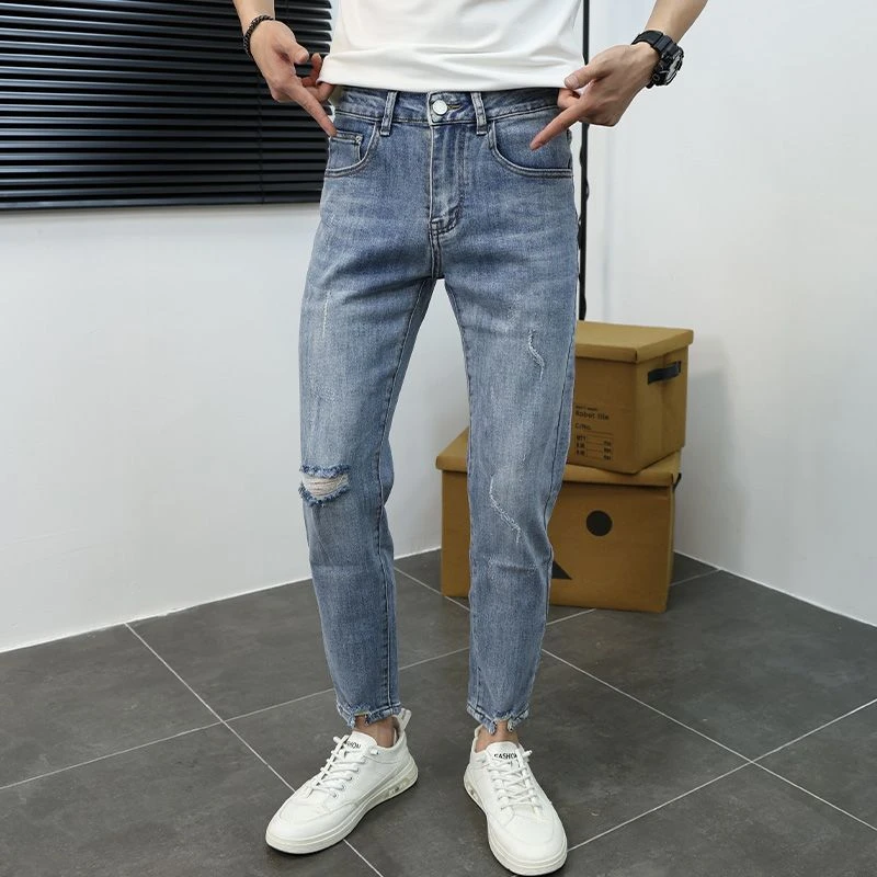 春夏破洞男水洗复古色牛仔裤男款休闲修身百搭个性小众九分小脚裤