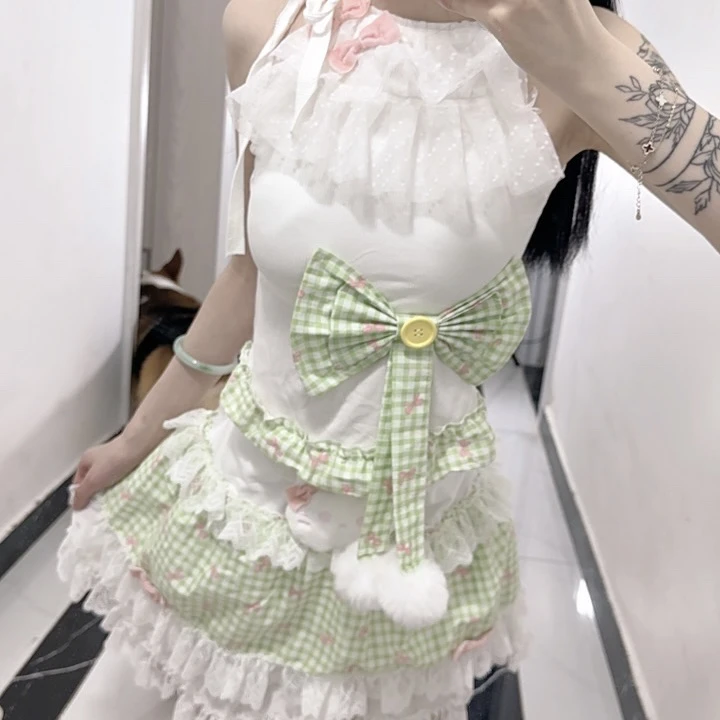 【春水煎茶】[薄荷格纹猫]手作蕾丝挂脖吊带大蝴蝶结套装（G-1344）
