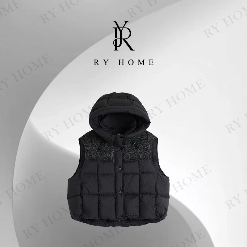 【容雨RYHOME】拼接设计连帽短款90白鸭绒羽绒马甲254YF1382