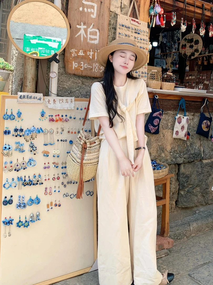 夏季时尚新款洋气休闲装韩系高级感披肩短袖显瘦上衣百搭休闲裤子