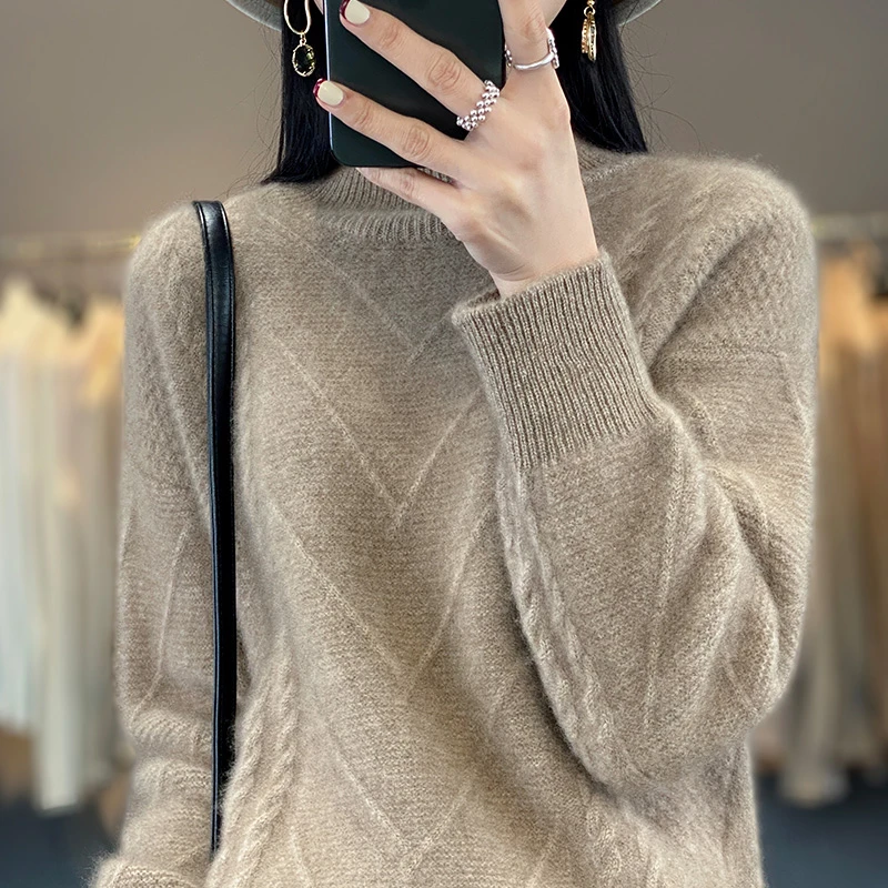 新款重磅加厚人字纹半高领羊毛衫女提花纹针织衫毛衣女内搭显瘦