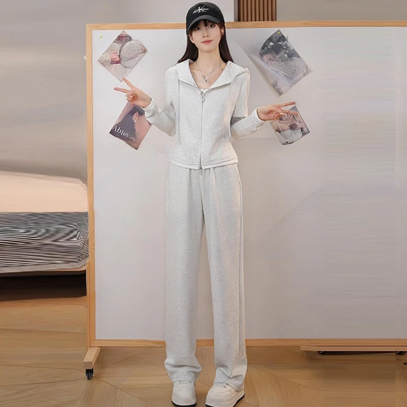 韩版慵懒风时尚运动服套装女2025年春季新款连帽外套阔腿裤两件套