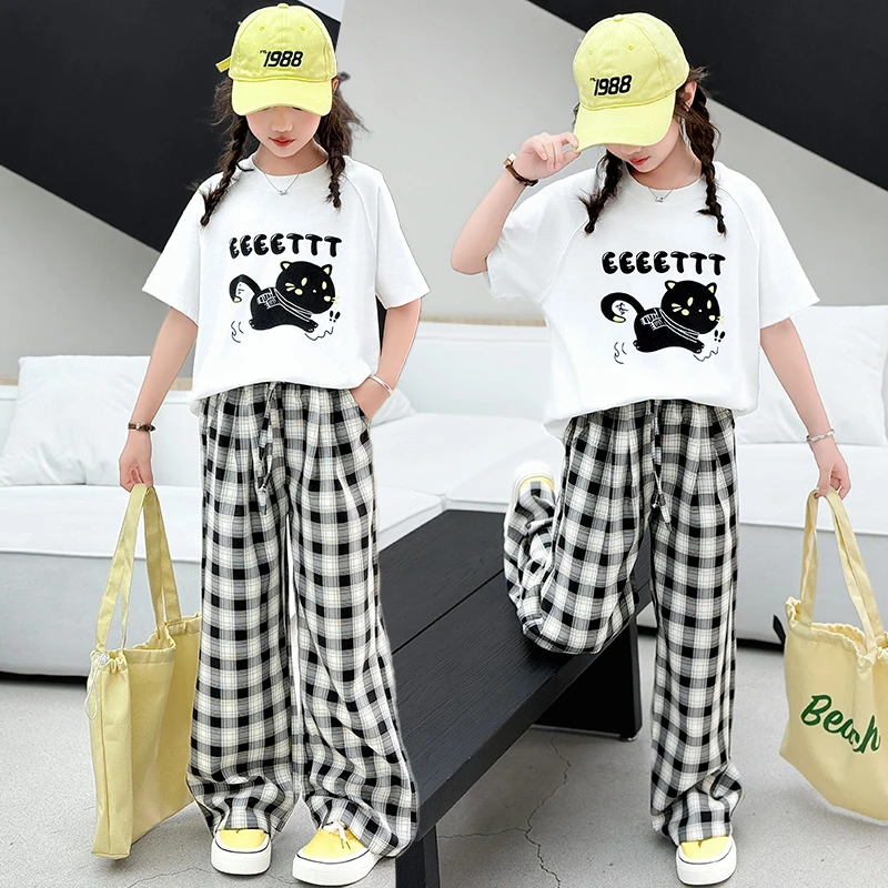 女童休闲格子薄款常规套头夏季套装中大童洋气装运动宽松两件套