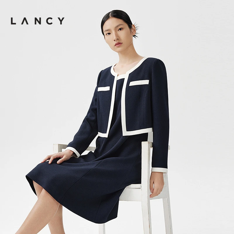 【专柜同款】LANCY/朗姿圆领撞色醋酸短外套女长袖法式高级感上衣LC