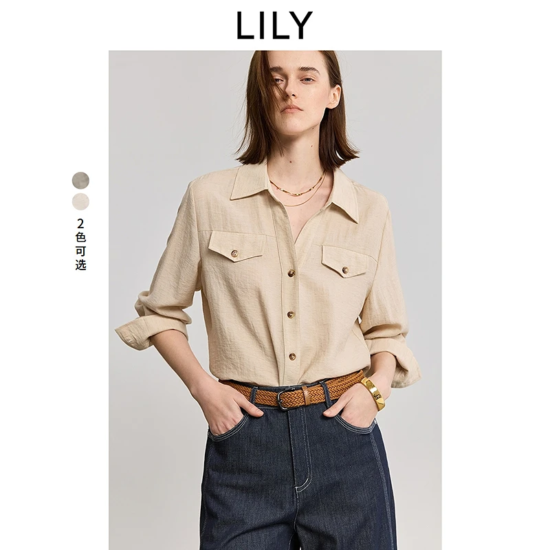 植物系衬衫LILY2025春新款老钱风休闲V领通勤薄款衬衫125139C4920