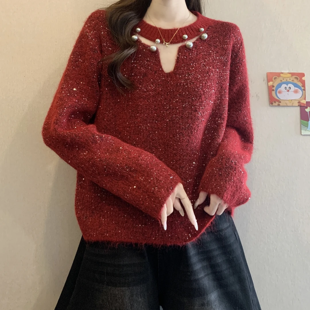设计感闪片新年红色钉珠毛衣女秋冬大码胖mm高级感宽松显瘦针织衫
