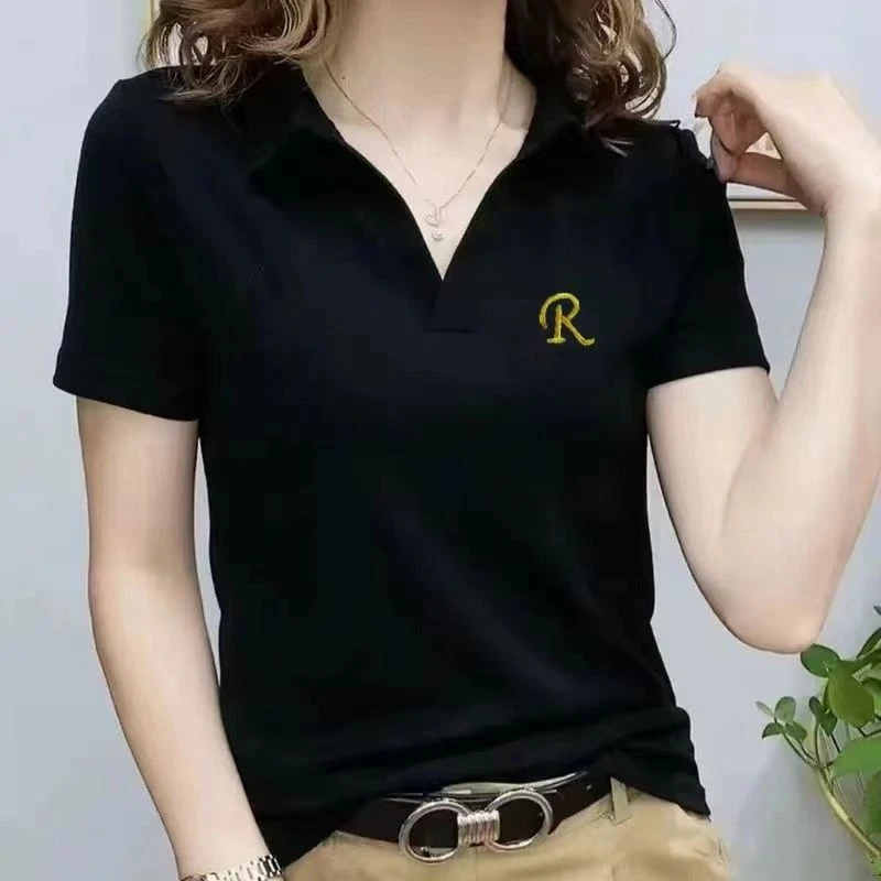 2025夏季新款短袖t恤女V领修身显瘦百搭polo衫翻领R字上衣
