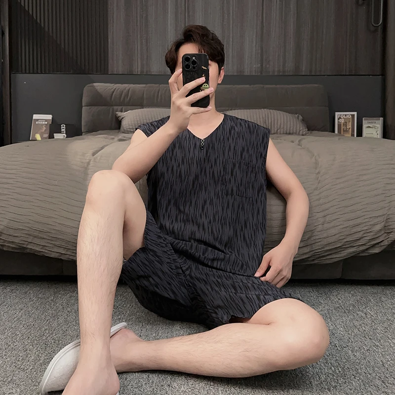 黑灰虚影无袖男士冰丝睡衣夏季2025新款凉感背心家居服男夏天套装