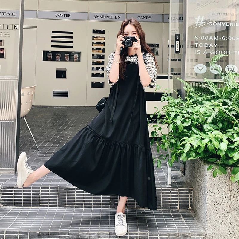 VONSRMAN2025夏季文艺日系蕾丝拼接假两件黑色连衣裙学院风简约设