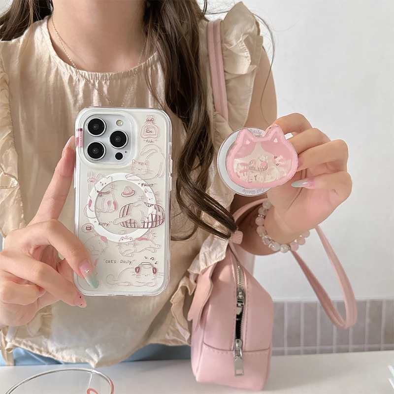 线条小猫适用iPhone17pro手机磨砂苹果15pro少女高级16手机壳磁吸