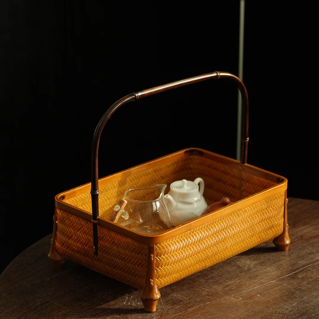 【寒山】紫竹手柄竹编席面提篮水果篮收纳篮摆放茶具收纳