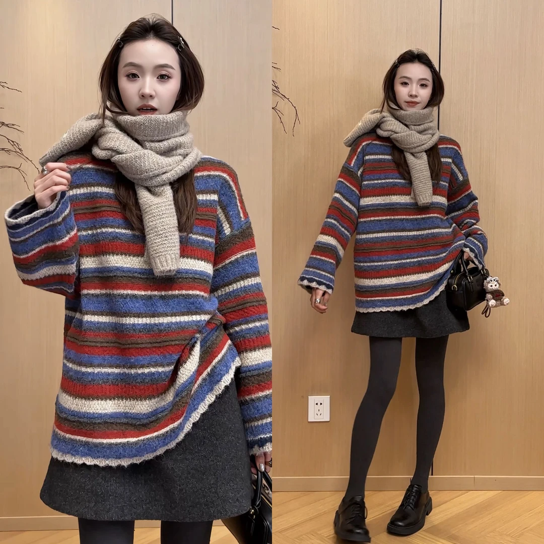 小静静一会【花边彩条毛衣】2025冬季新款休闲针织上衣 2512C8984