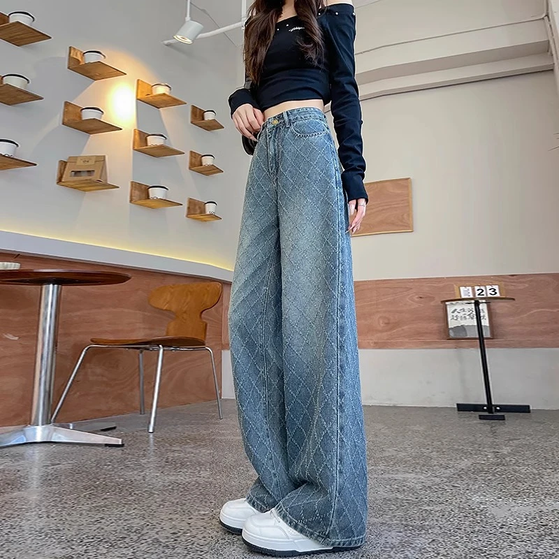 宽松阔腿牛仔裤女春秋2025新款爆款显瘦复古高腰设计感提花直筒裤