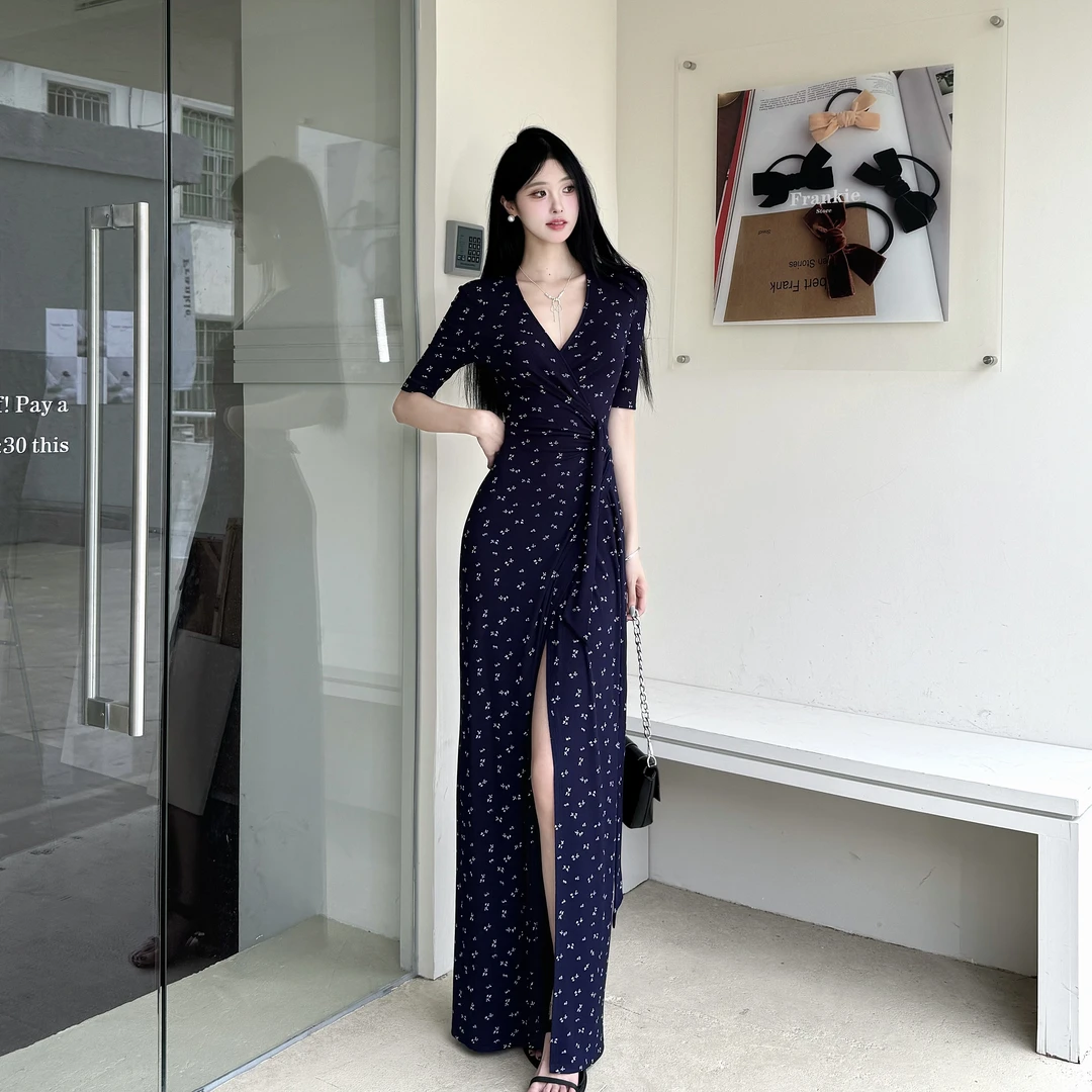 TITI 短袖V领拼接绑带夏季新款开叉修身显瘦收腰直筒裙长裙