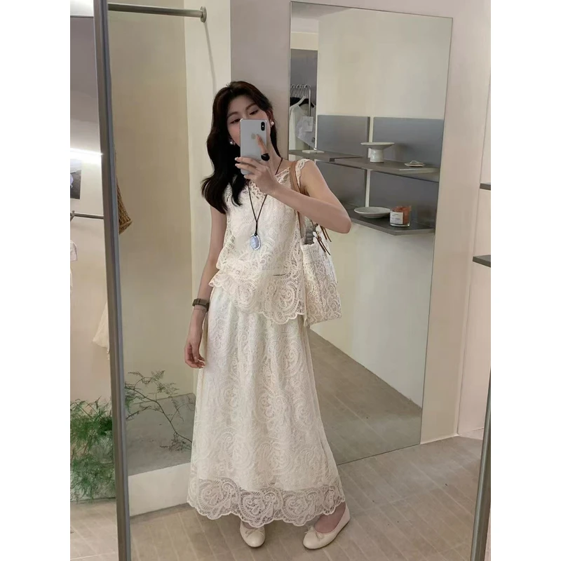 法式温柔镂空钩花蕾丝背心+半身裙两件套8353