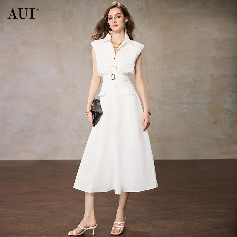 【9347】AUI白色设计感无袖收腰连衣裙职业收腰衬衫裙OL-25W019347