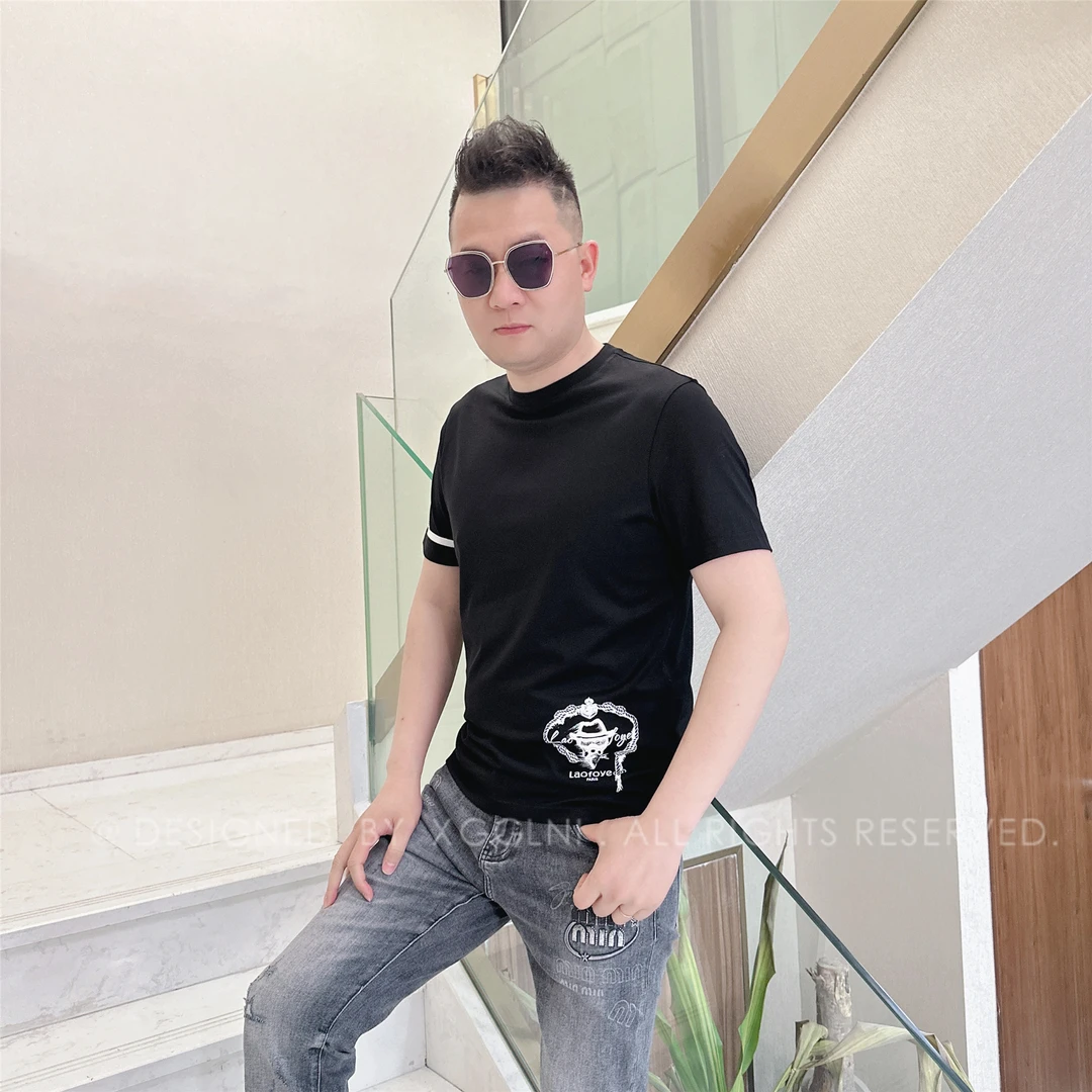 春夏款LAOFOYE左下小老头男士品质高端轻奢洋气上档次潮牌短袖t恤