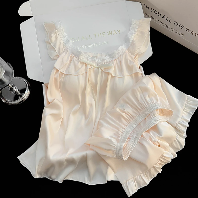 杏色冰雪丝睡衣女款夏季带胸垫性感吊带短裤蕾丝高级感套装家居服