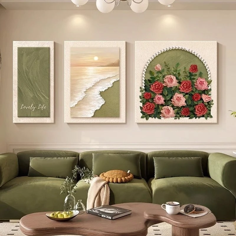 法式玫瑰花卉客厅装饰画小众艺术沙发背景墙挂画高级复古壁画三联
