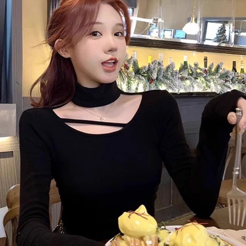 高级感黑色修身长袖内搭T恤秋季女纯欲辣妹镂空半高领打底衫上衣