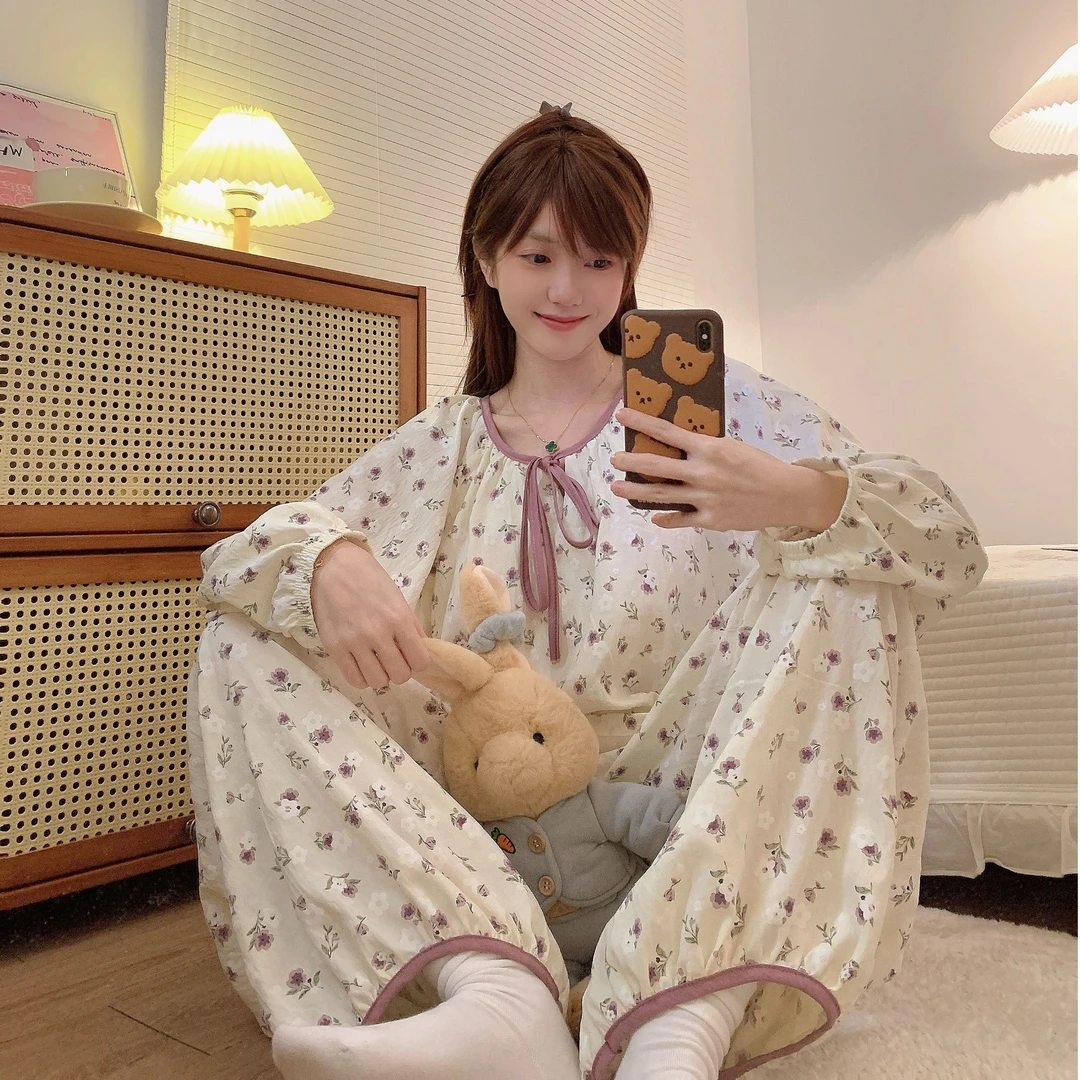 炸姐春季小清新紫色花印花新款睡衣套装带胸垫家居服可外穿