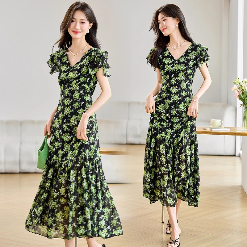 法式复古碎花连衣裙女2025年夏季新款优雅气质收腰显瘦中长款裙子