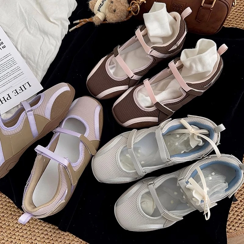 2025春新款网面透气芭蕾甜美蝴蝶结玛丽珍鞋女内增高休闲运动鞋女