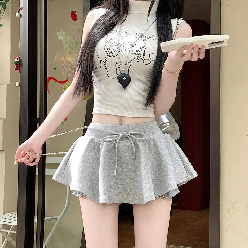 实拍2025芭蕾风灰色抽绳半身裙女辣妹显瘦a字松紧腰蓬蓬百搭短裙