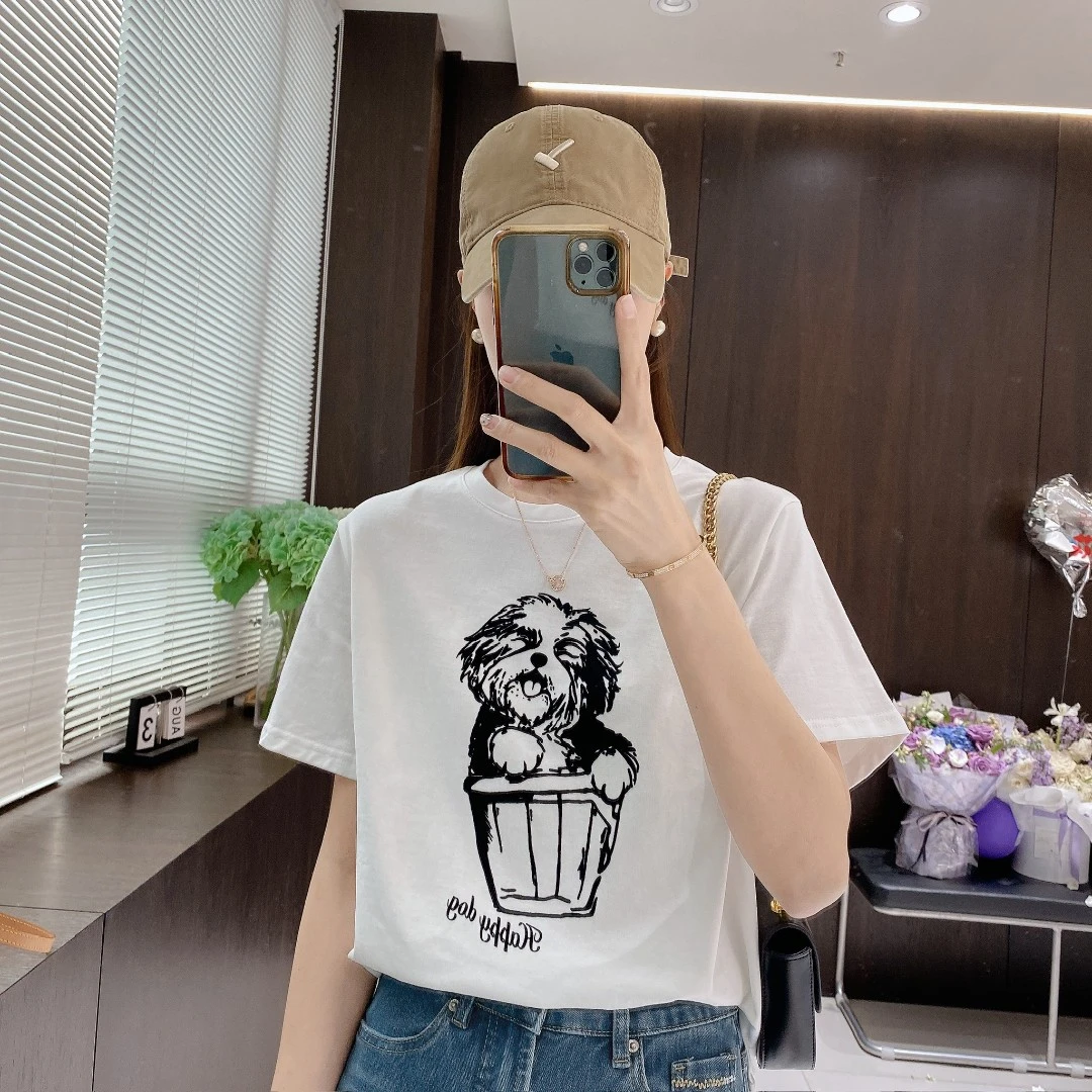 IMFLY金小金自制女装 T恤DYW8916夏宽松显瘦小狗印花圆领短袖上衣